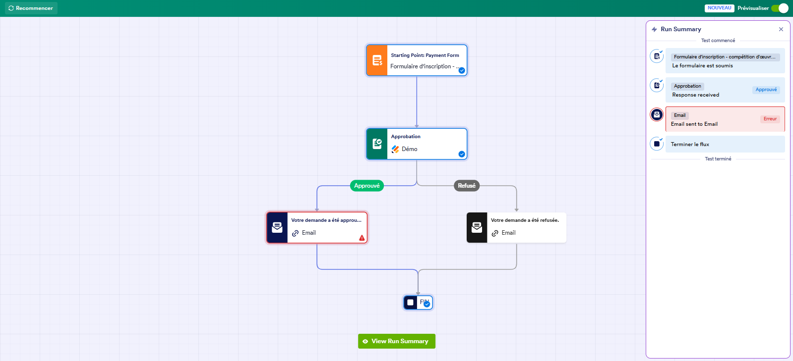 Capture d'écran du Résumé d'exécution du flux de travail dans Jotform qui affiche une erreur d'exécution