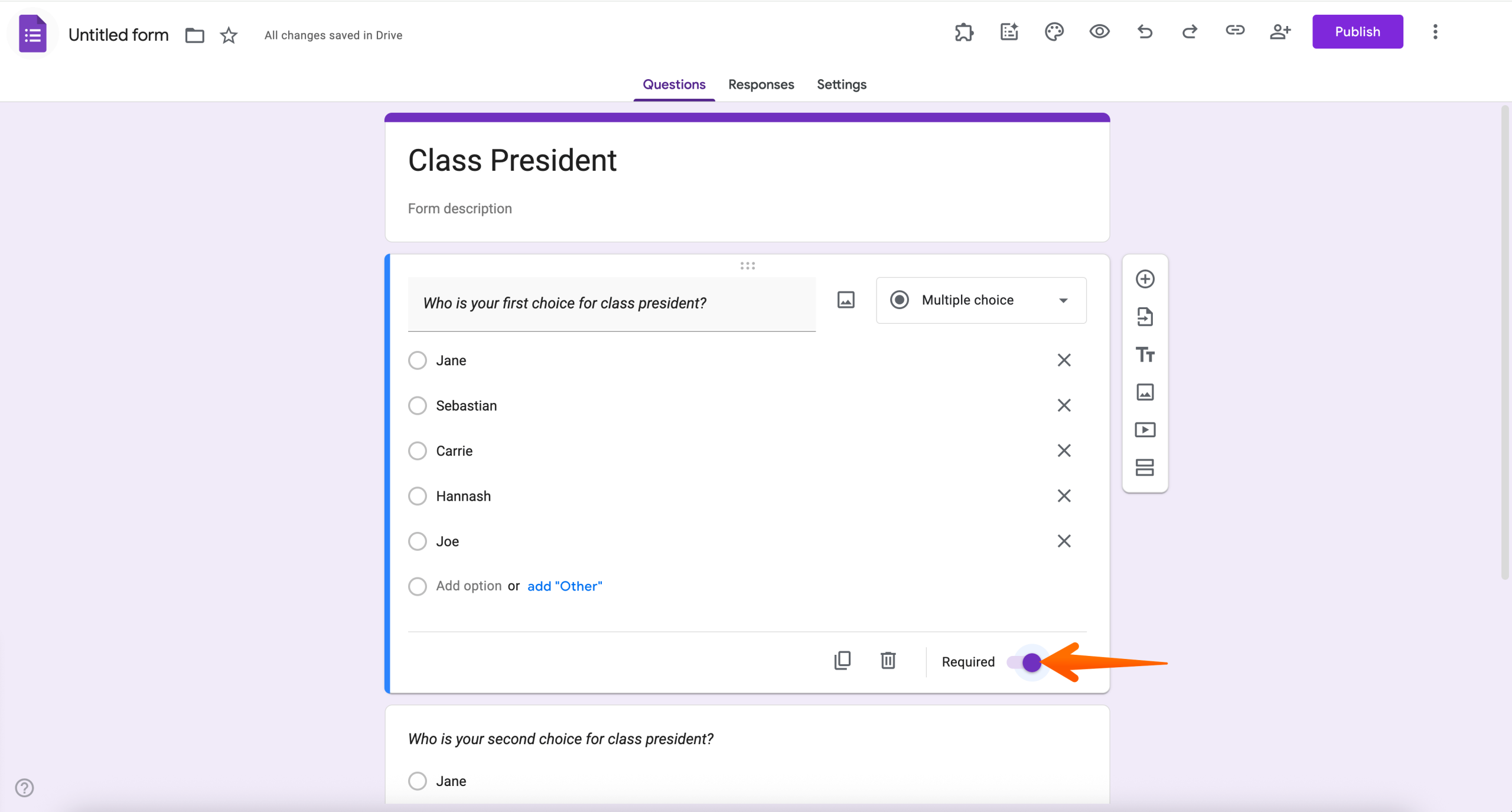 Google Forms editor displaying a standard multiple-choice question asking for a first-choice selection, with several answer options listed and the “Required” toggle switched on at the bottom