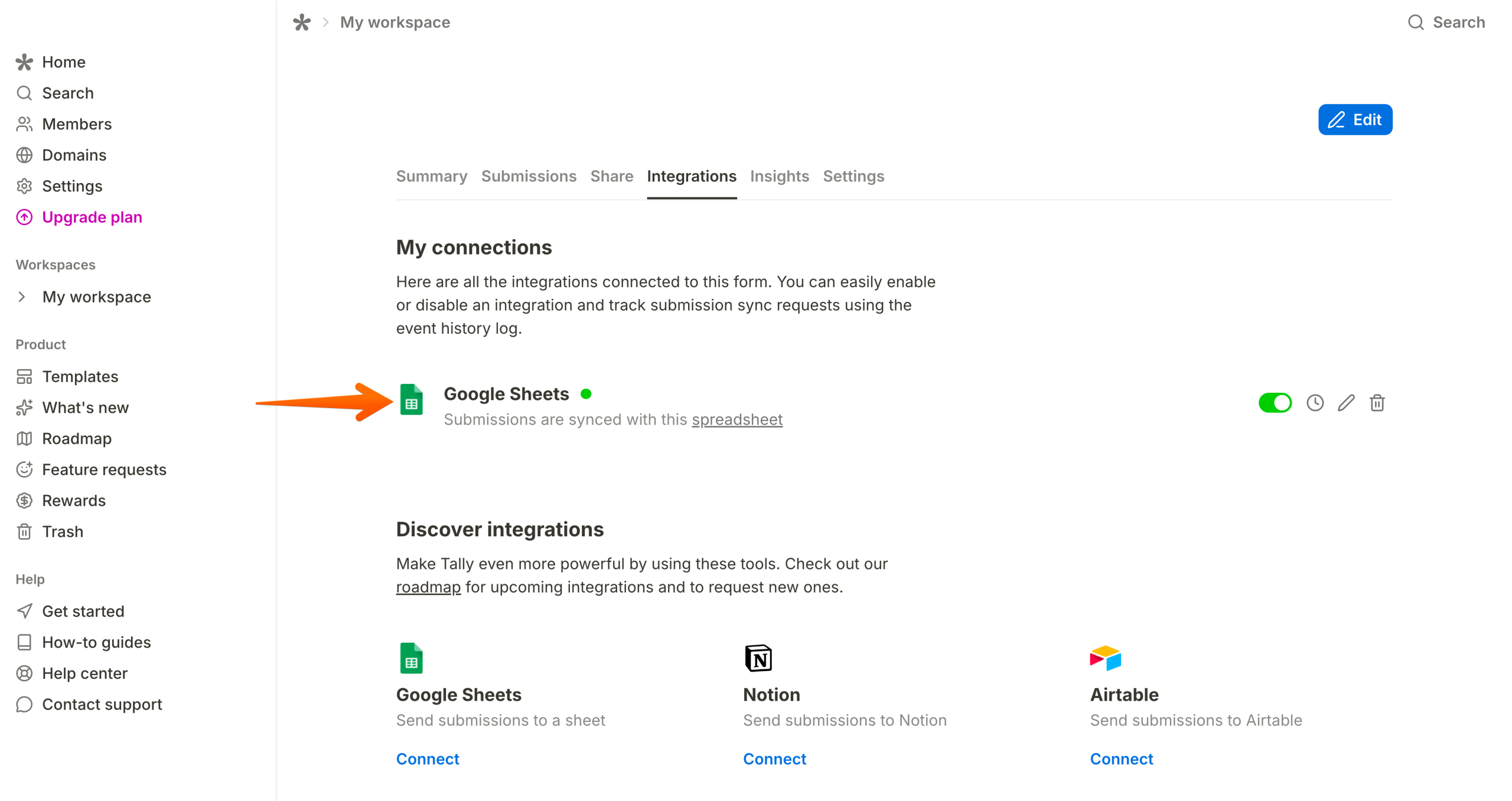 Tally dashboard displaying an active Google Sheets integration, highlighted with an arrow, indicating the form is successfully connected and syncing responses to a spreadsheet