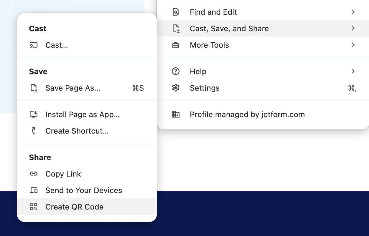 Google Chrome browser menu open with “Cast, save, and share” expanded, showing the “Create QR Code” option for generating a scannable QR code for the current webpage