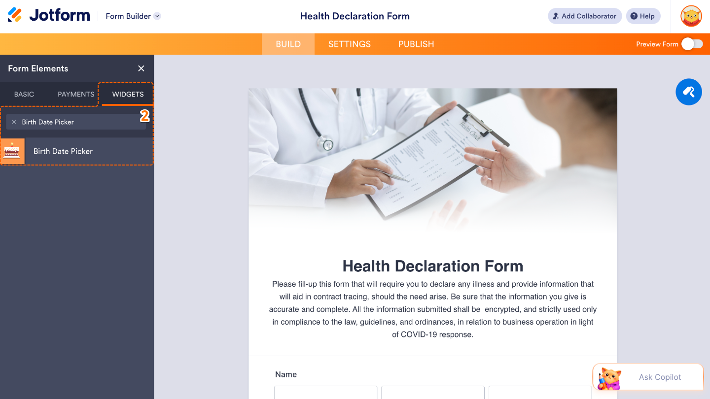 Form Elements menu under the Widgets tab showing the Birth Date Picker widget being searched and selected