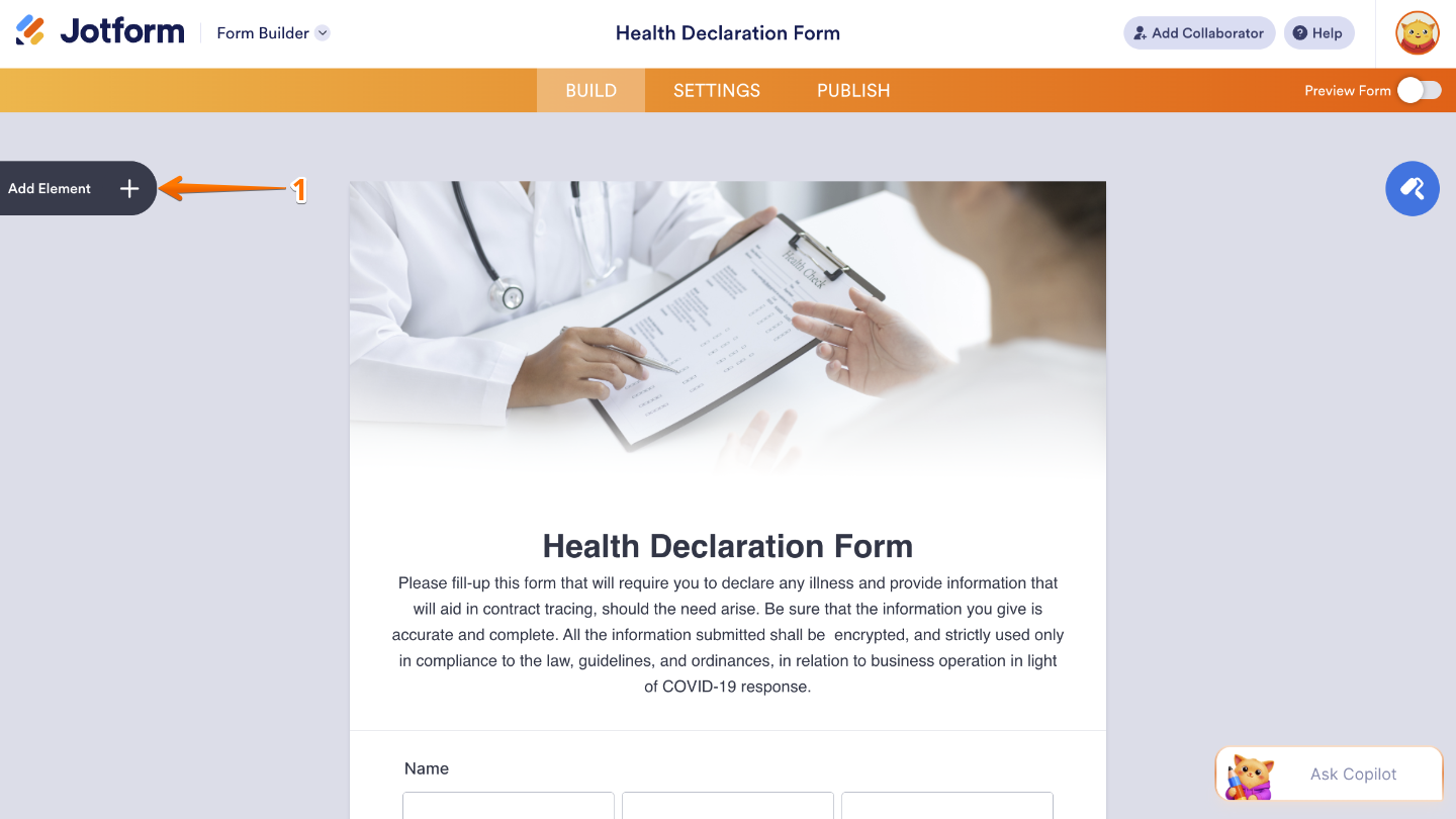 Form Builder interface showing the Add Element button on the left side of the page