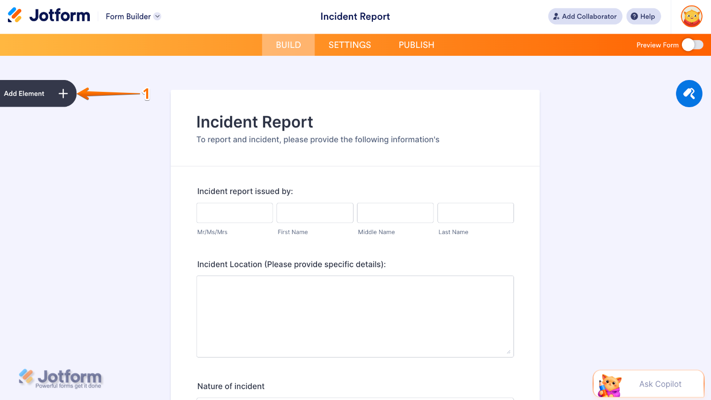 Form Builder interface showing the Add Element button on the left side of the page