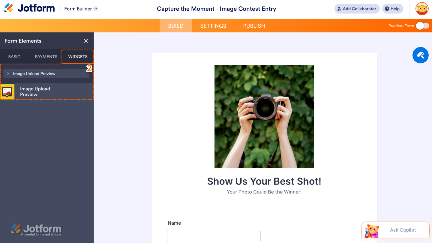 Form Elements menu with the Widgets tab open and the Image Upload Preview widget selected