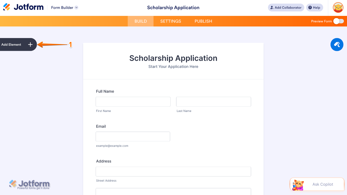 Form Builder interface showing the Add Element button on the left panel for adding new form fields