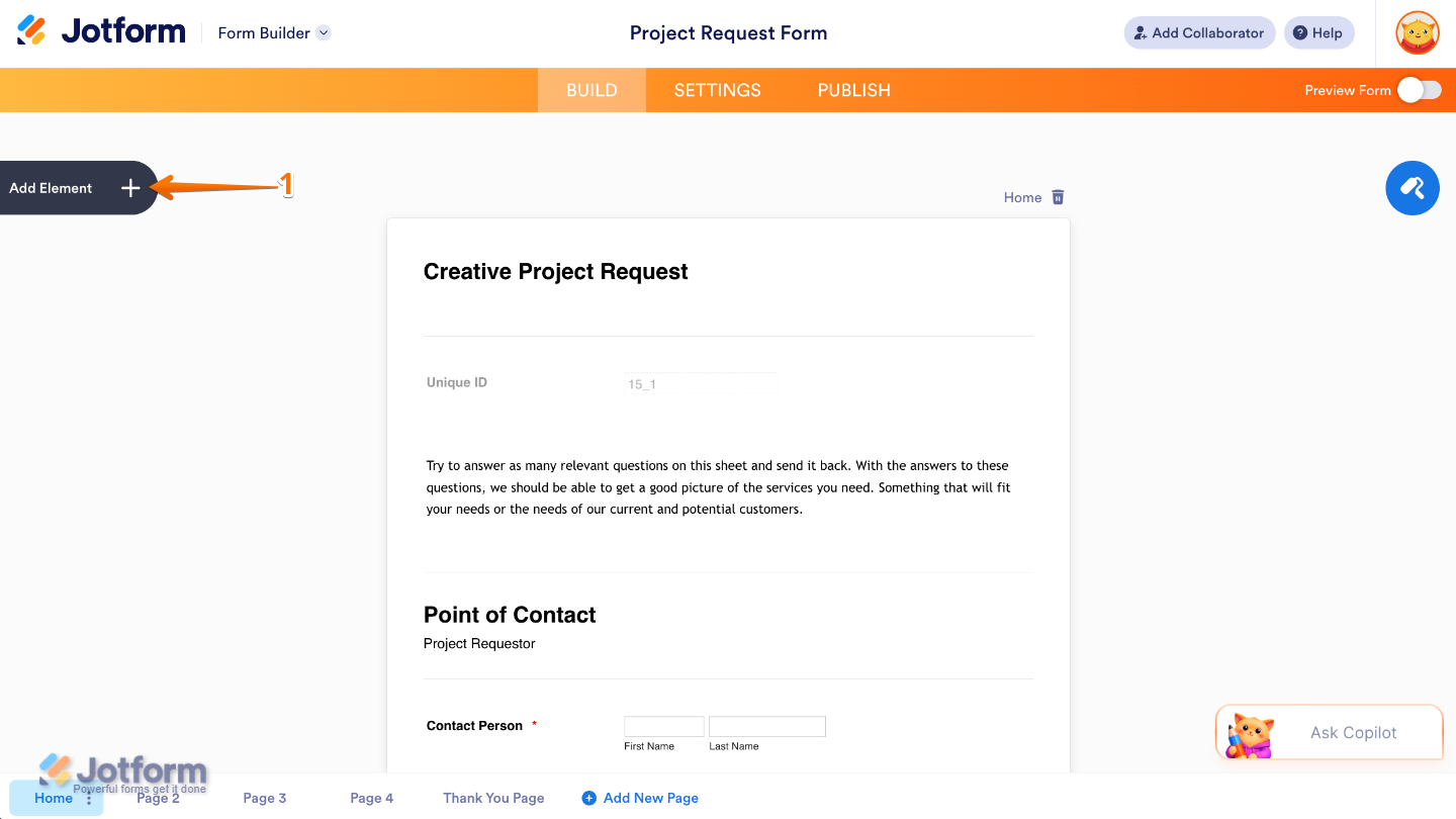 Form Builder interface showing the Add Element button on the left side of the page