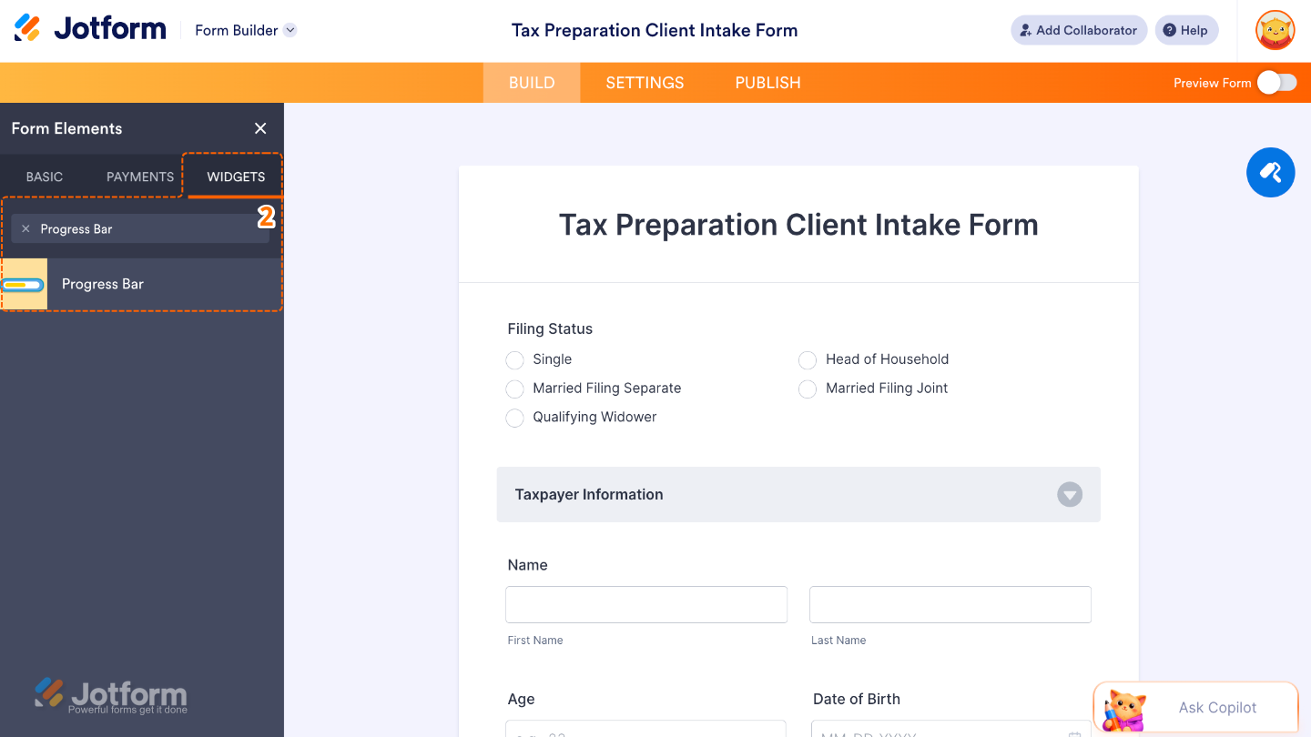 Form Elements menu under the Widgets tab showing the Progress Bar widget being searched and selected