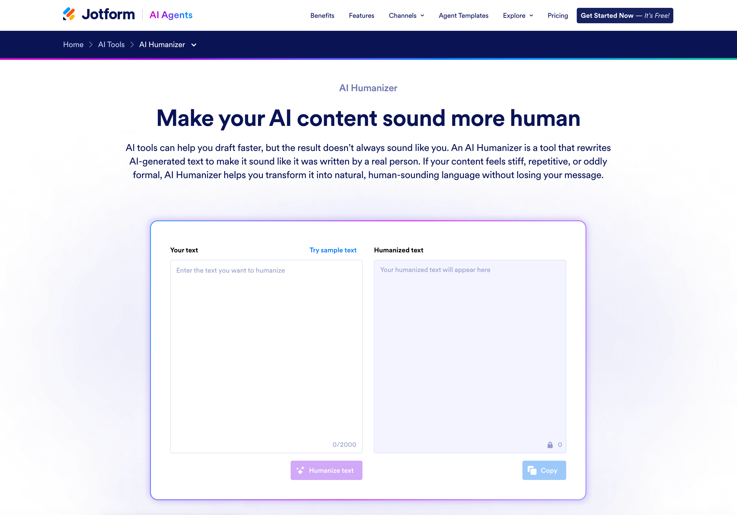 Jotform AI Agents “AI Humanizer” landing page with the headline “Make your AI content sound more human” and a two-panel editor showing “Your text” and “Humanized text,” plus “Humanize text” and “Copy” buttons