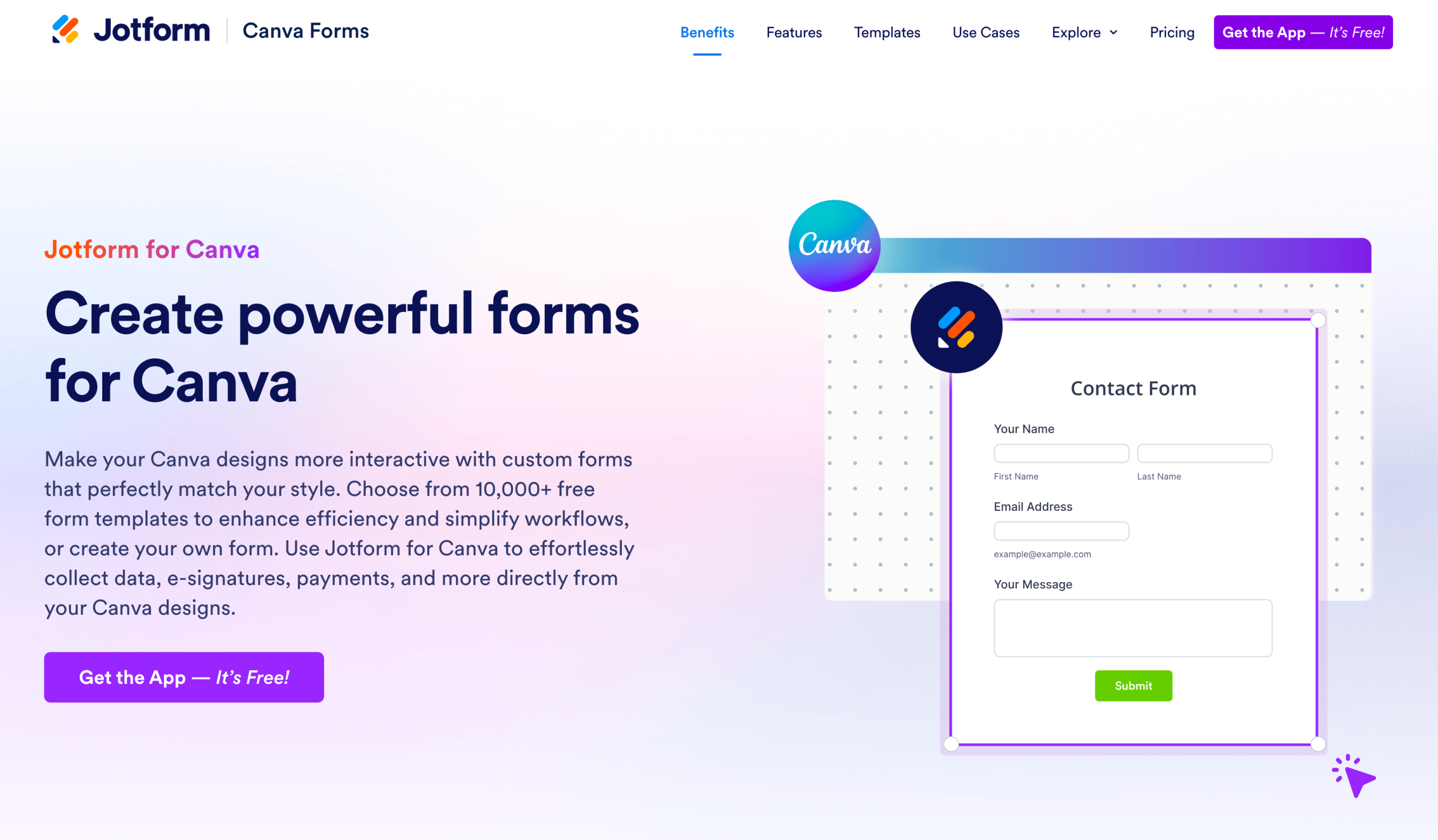 Screenshot of Jotform for Canva landing page