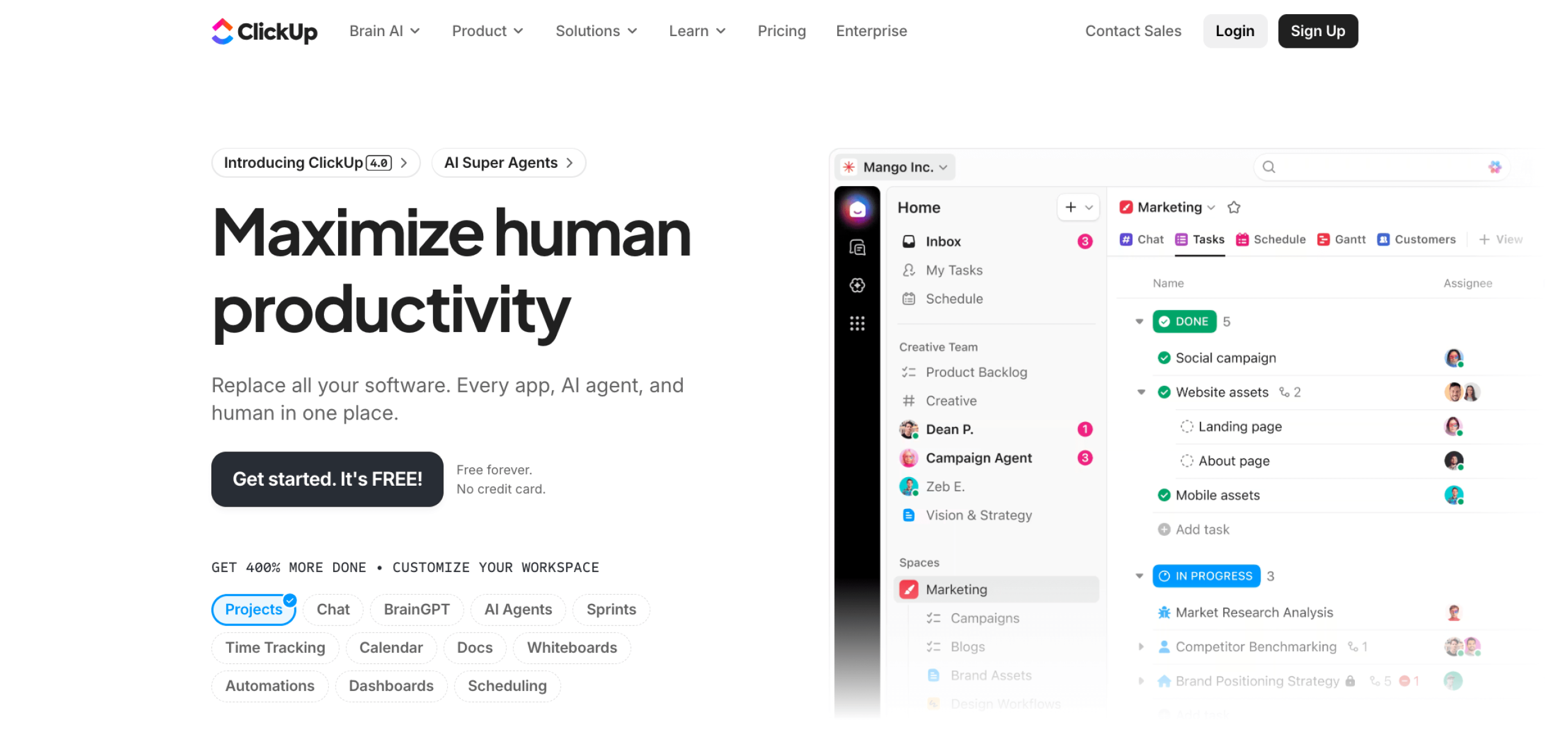 Screenshot of ClickUp landing page