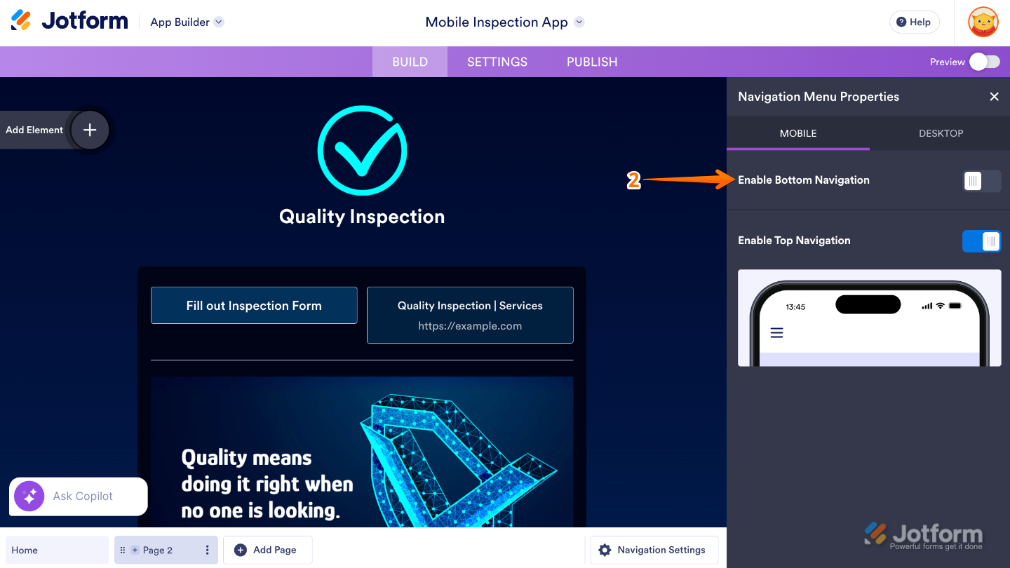 App Builder Navigation Menu Properties showing the Enable Bottom Navigation toggle turned on