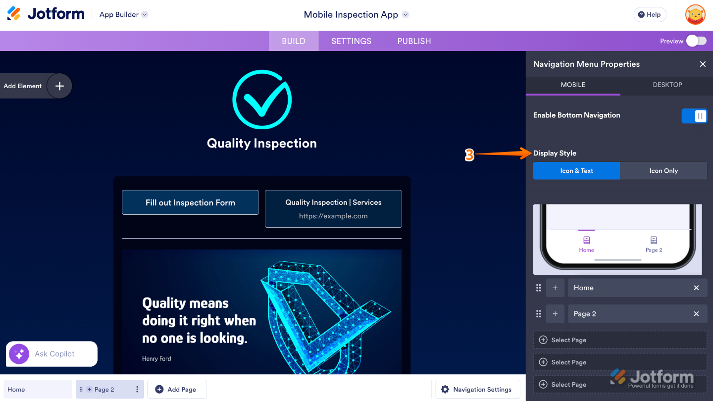 App Builder Navigation Menu Properties showing Display Style options to choose between Icon and Text or Icon Only