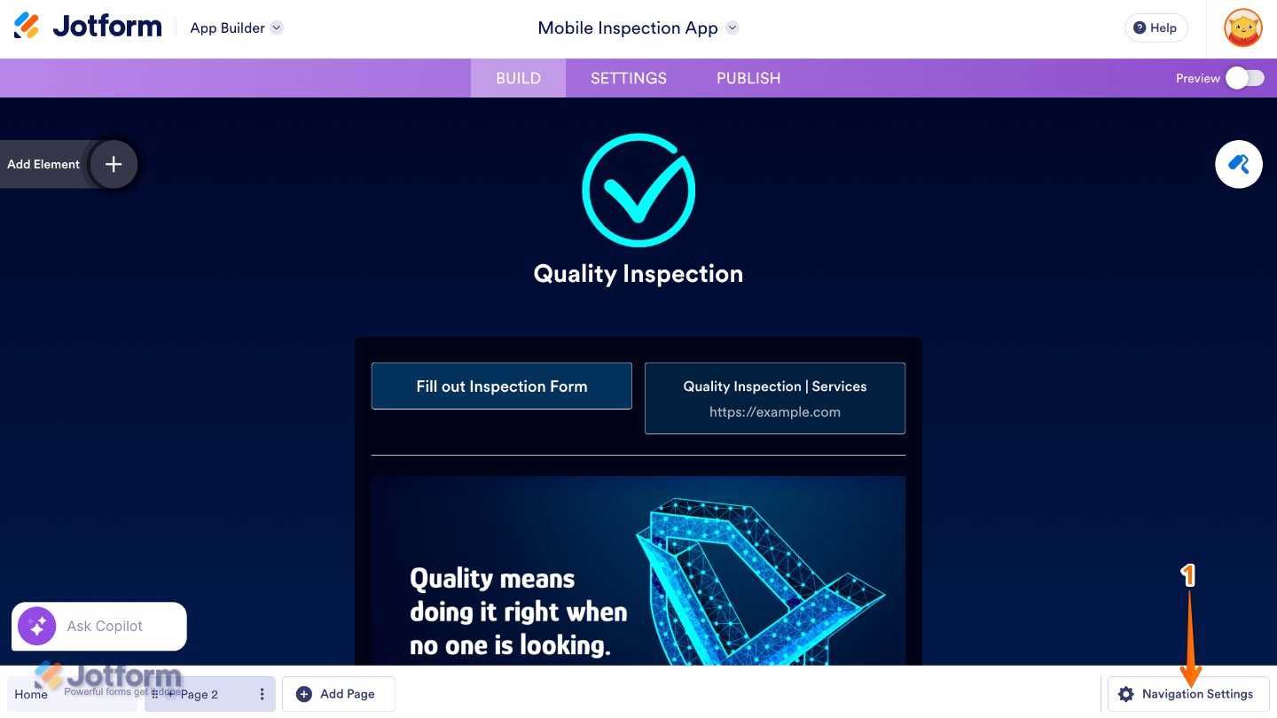 App Builder interface showing the Navigation Settings button located at the bottom-right corner of the page