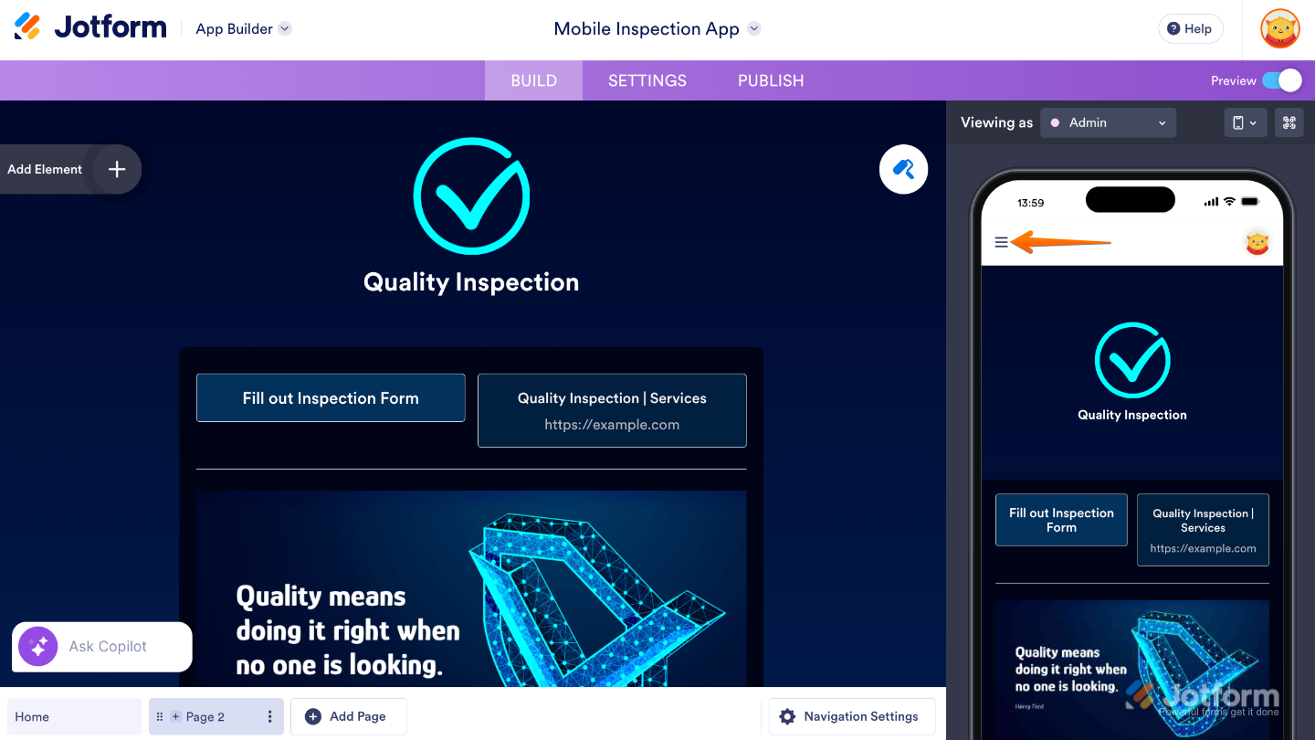 App preview showing the Three Lines menu icon at the top-left corner with pages listed inside