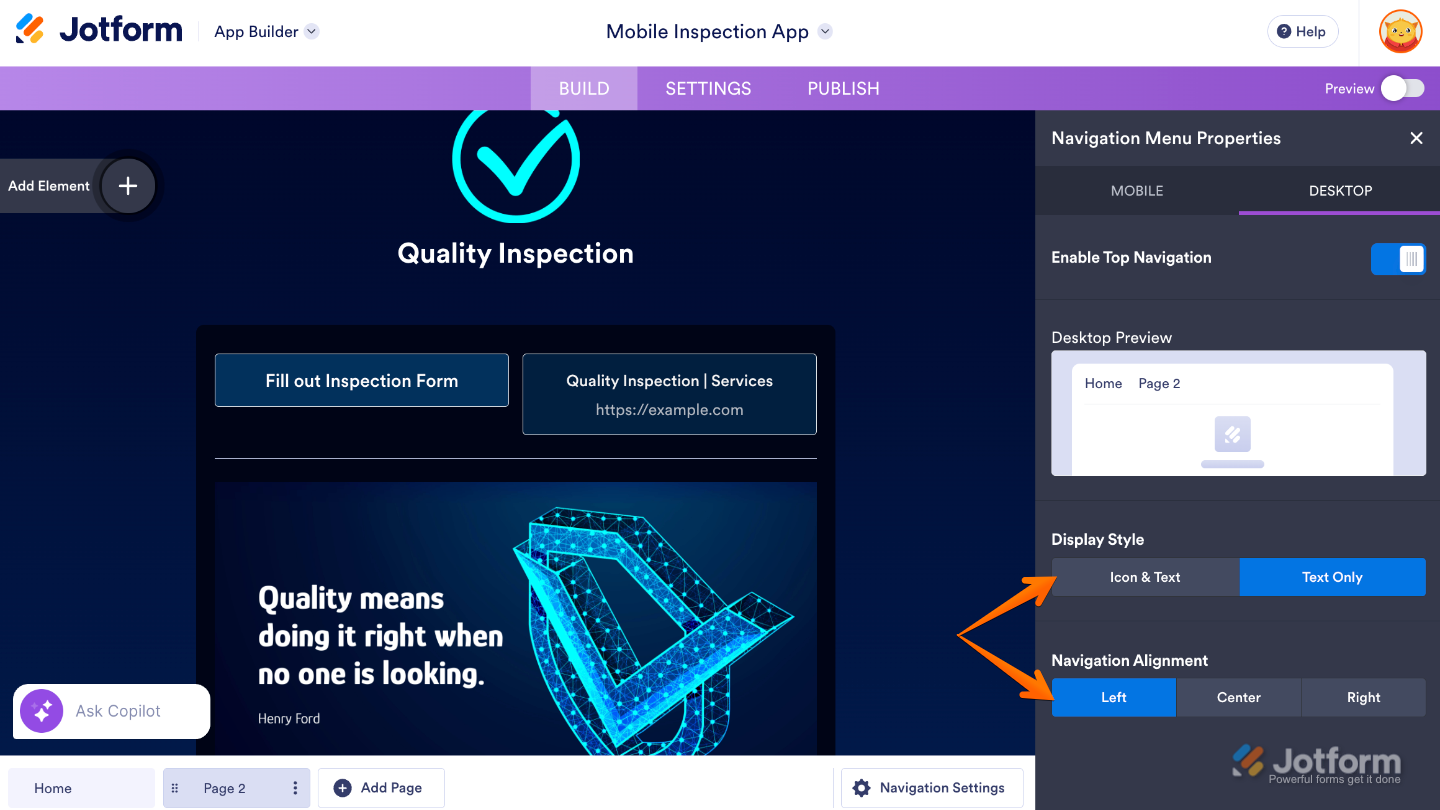 App Builder Desktop tab showing the Enable Top Navigation toggle turned on to match the app’s navigation layout