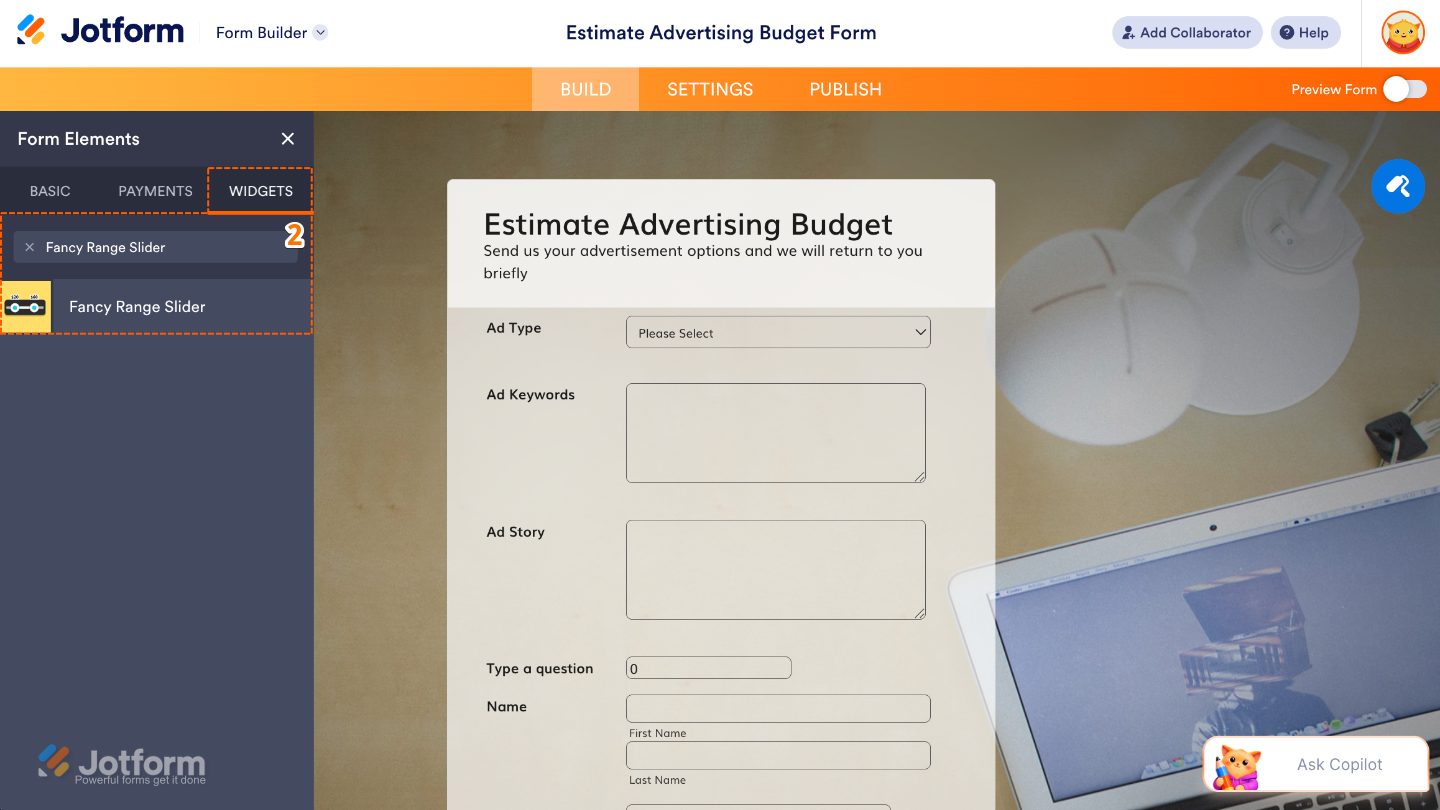 Form Elements menu under the Widgets tab showing the Fancy Range Slider widget being searched and selected