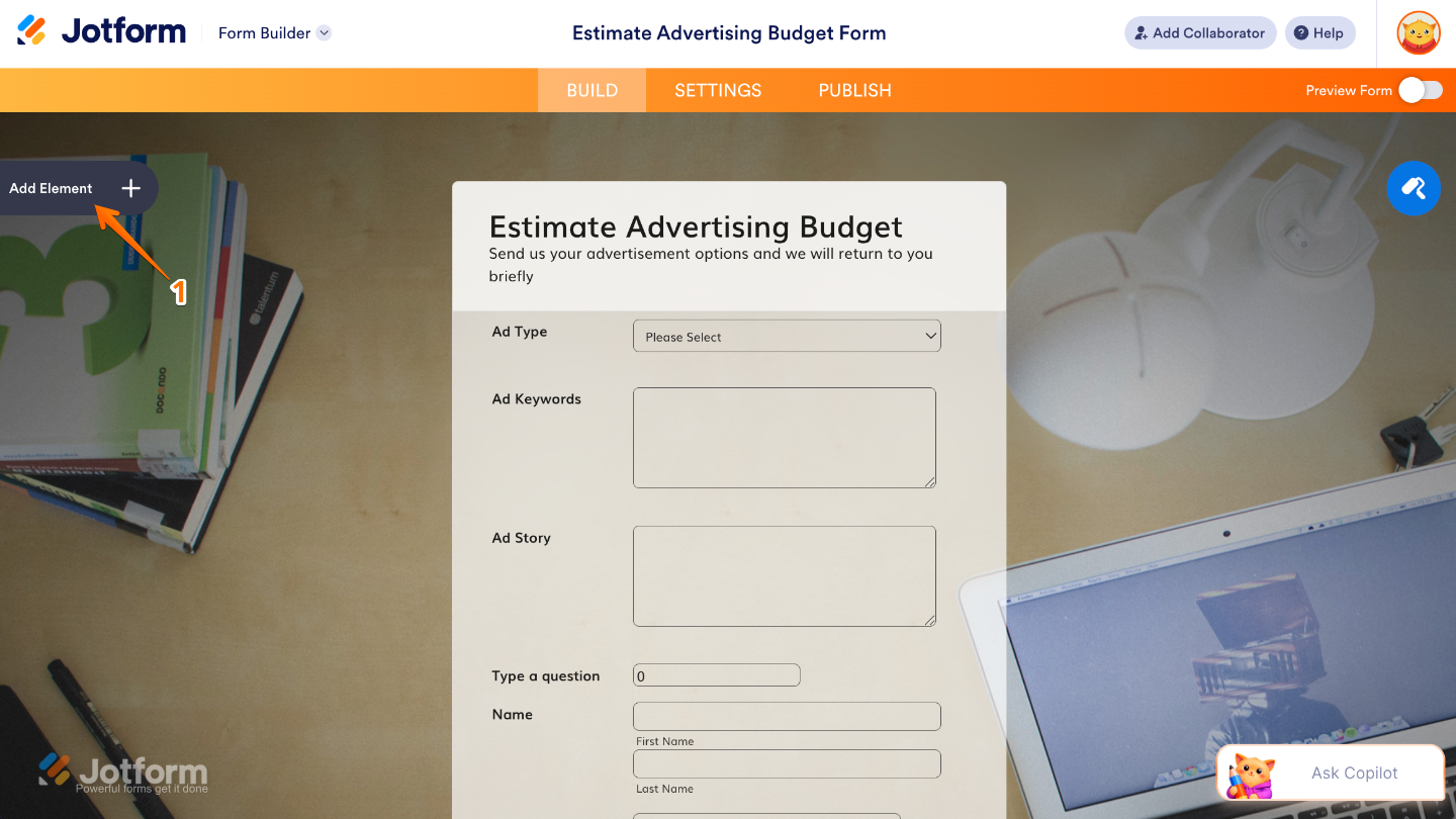 Form Builder interface showing the Add Element button on the left side of the page