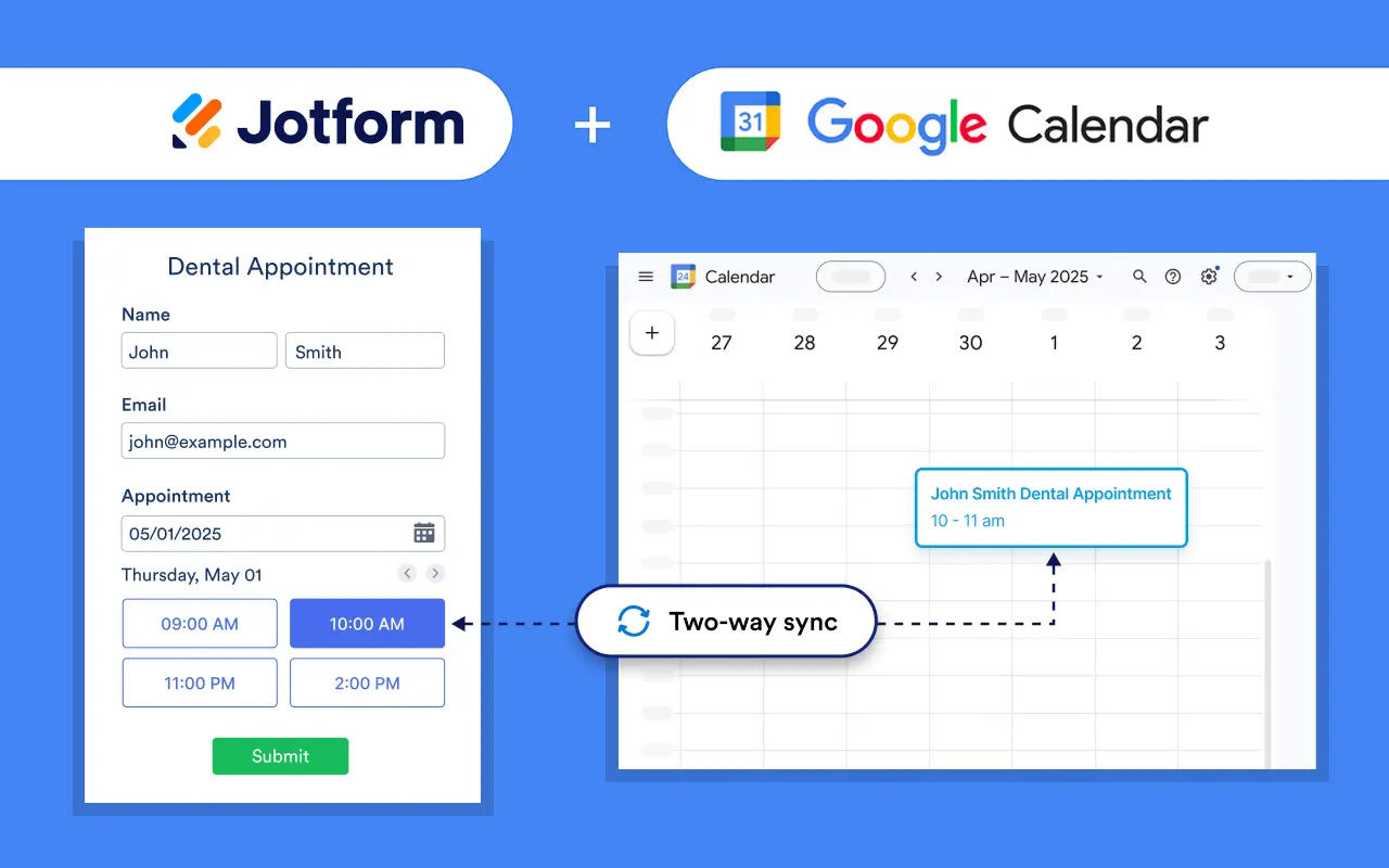 Side-by-side view of a Jotform appointment form and Google Calendar, with an appointment created on the calendar from the form submission