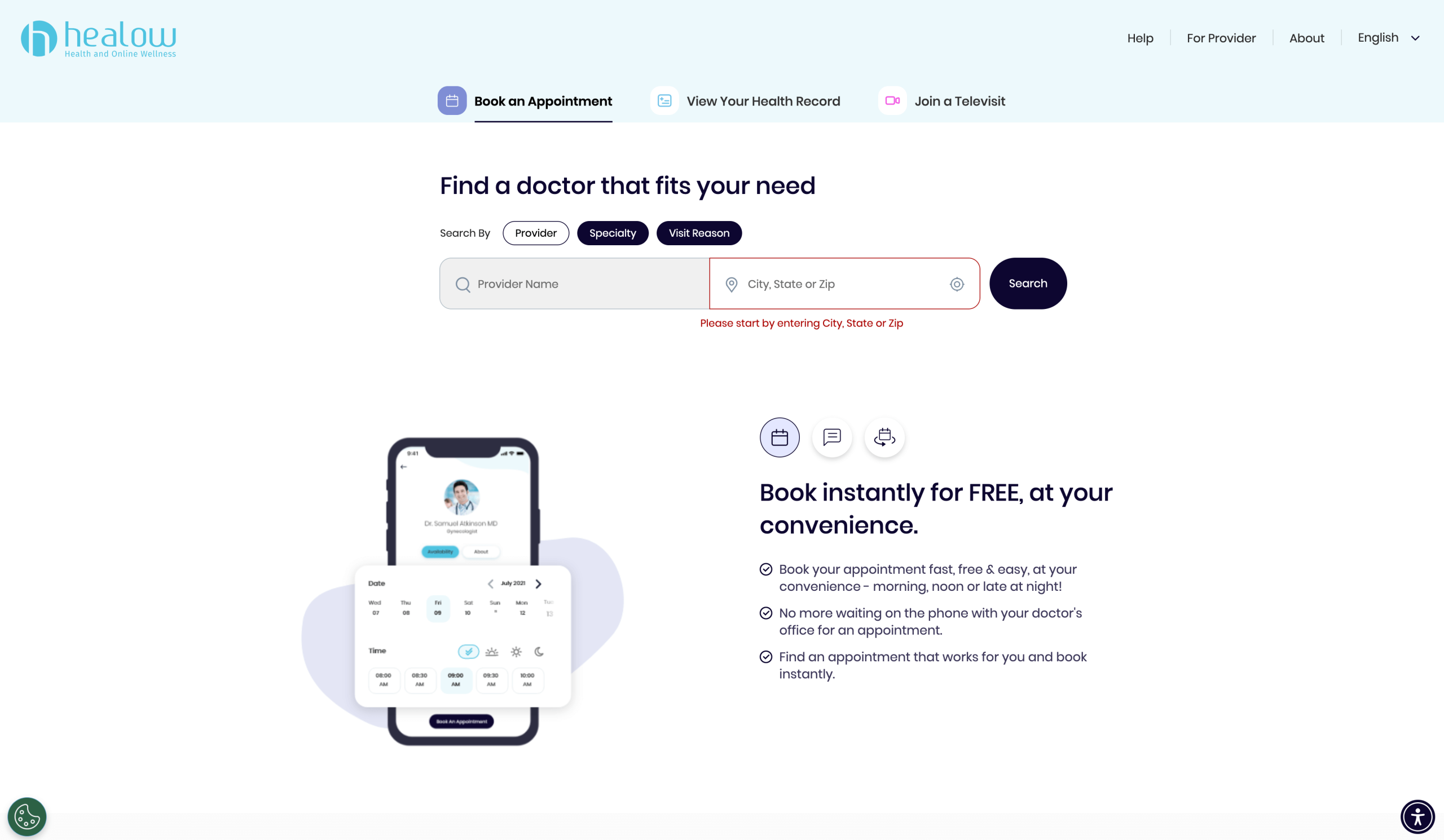 Screenshot of healow landing page