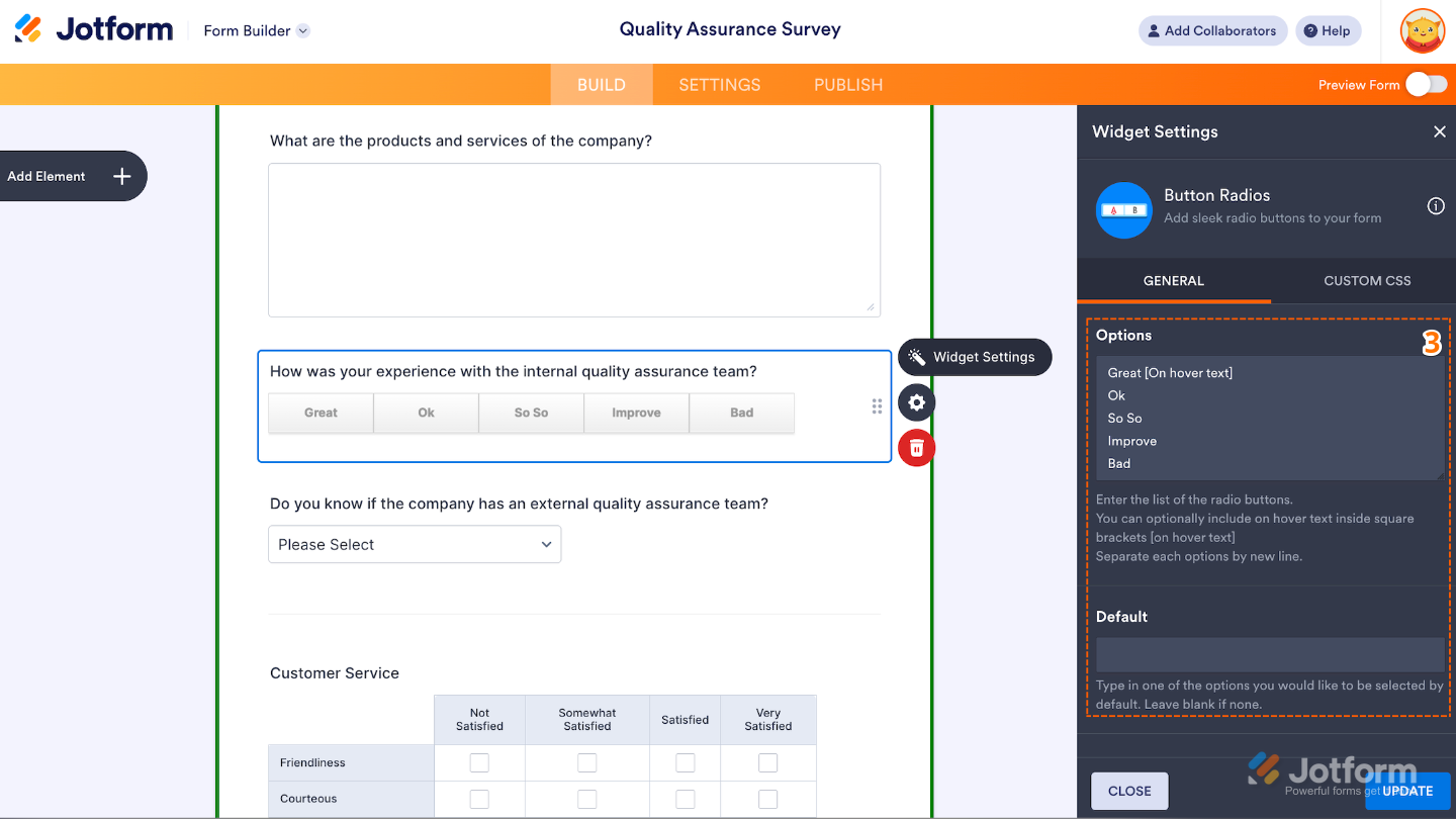 The Button Radios widget settings window opens on the right under the General tab, showing the options list and default selection setup