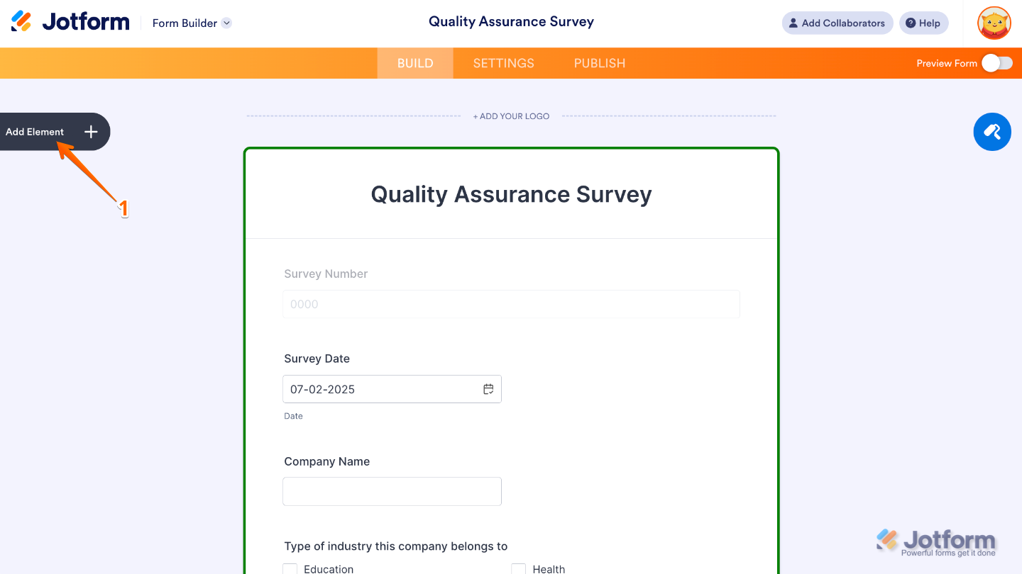 Form Builder interface showing the Add Element button on the left side of the page