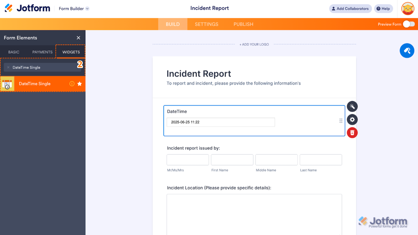 Form Elements menu under the Widgets tab showing the DateTime Single widget being searched and selected