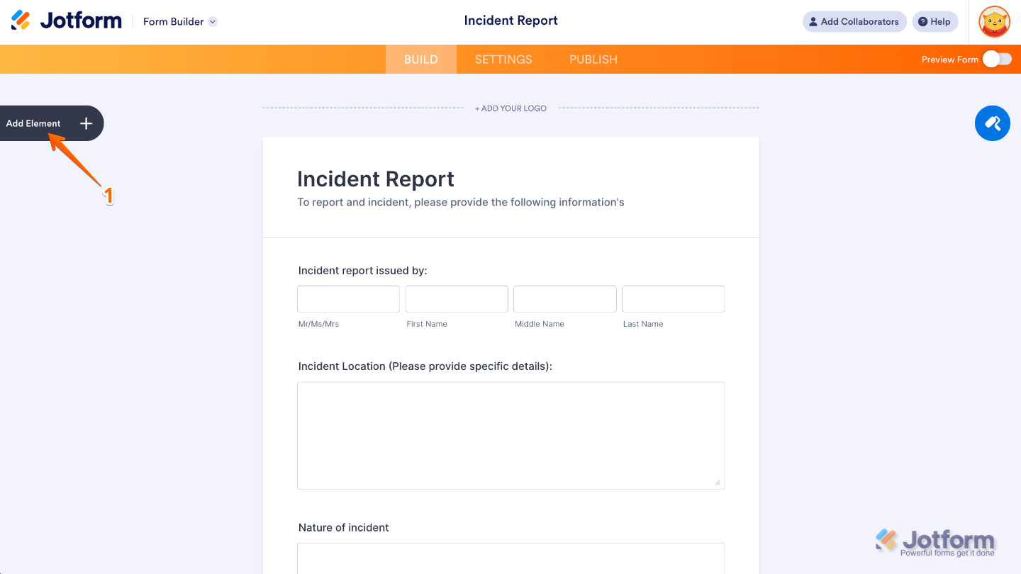 Form Builder interface showing the Add Element button on the left side of the page