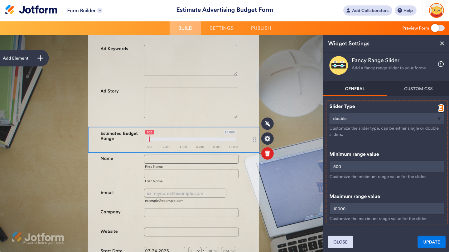The Widget Settings window opens on the right side of the Form Builder, showing configuration options for the Fancy Range Slider widget