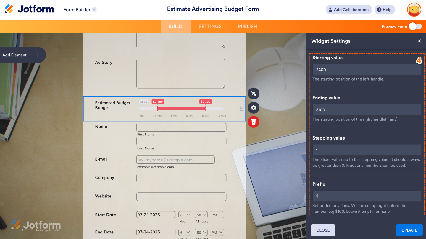 Widget Settings panel scrolled down for Fancy Range Slider, showing options for Starting Value, Ending Value, Stepping Value, and Prefix