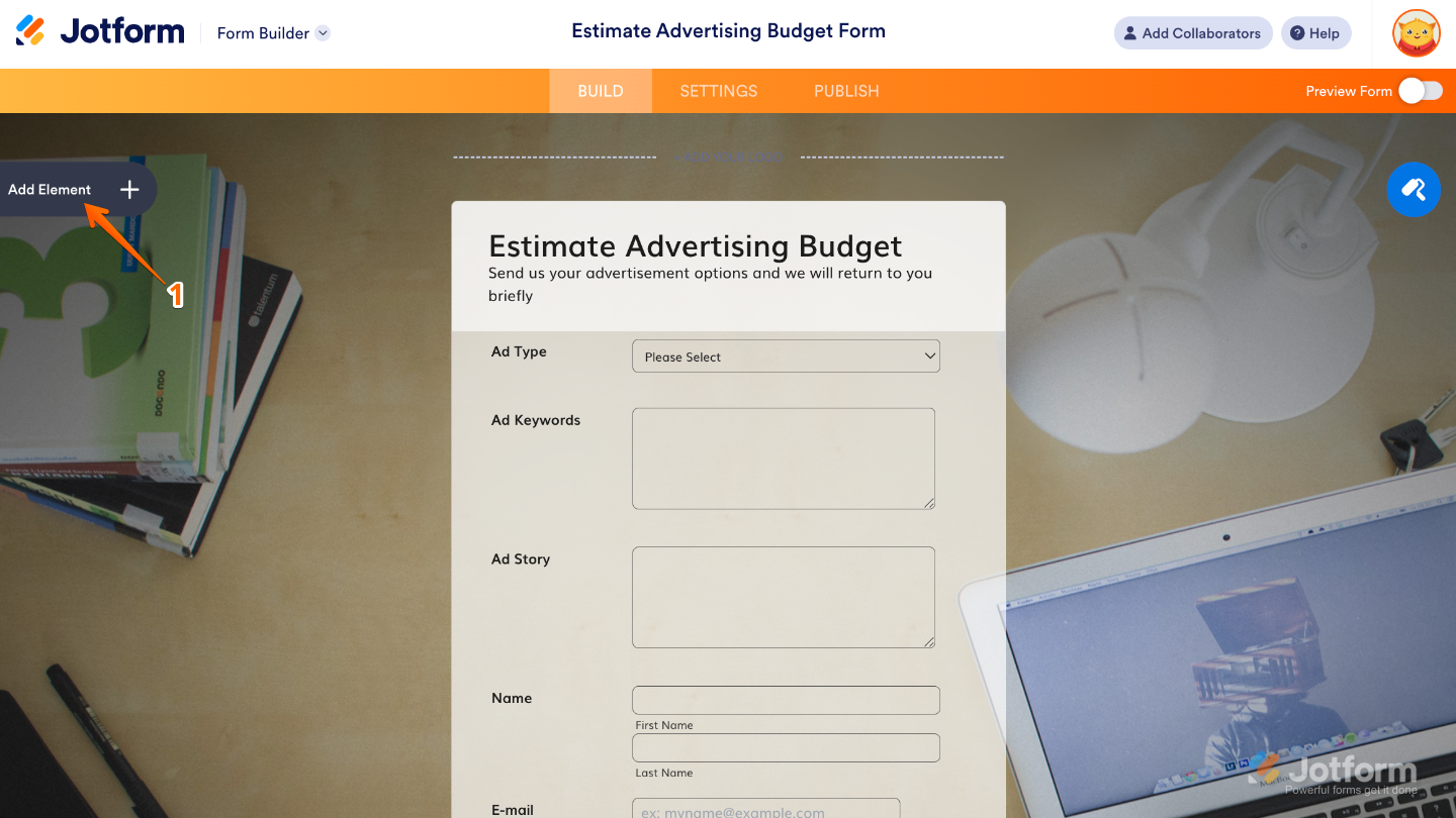Form Builder interface showing the Add Element button on the left side of the page