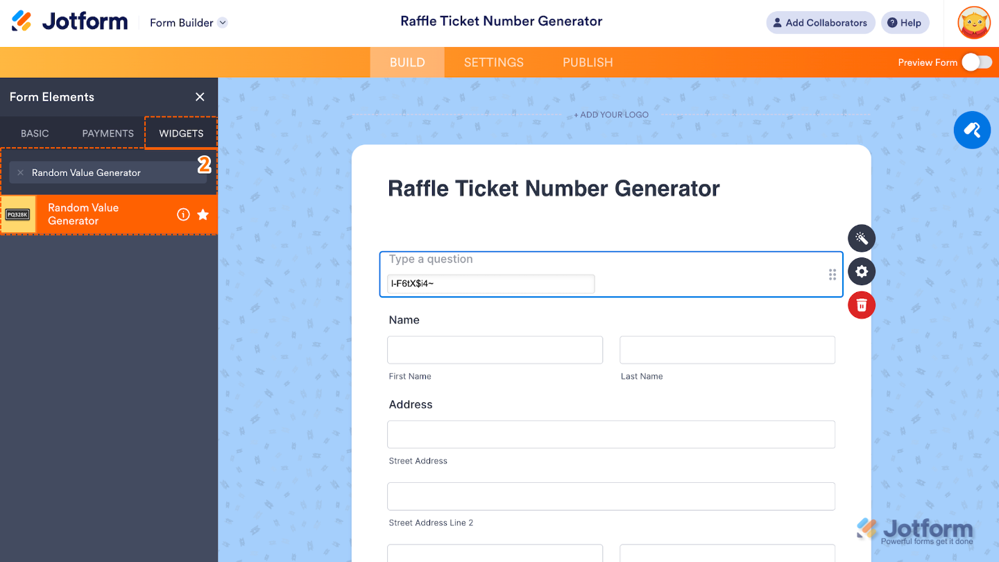 Form Elements menu under the Widgets tab showing the Random Value Generator widget being searched and selected