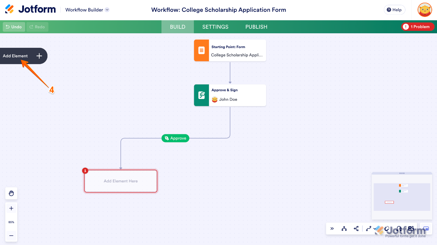 Form Builder Settings showing the Workflows menu on the left and a workflow selected for editing with the Pencil icon