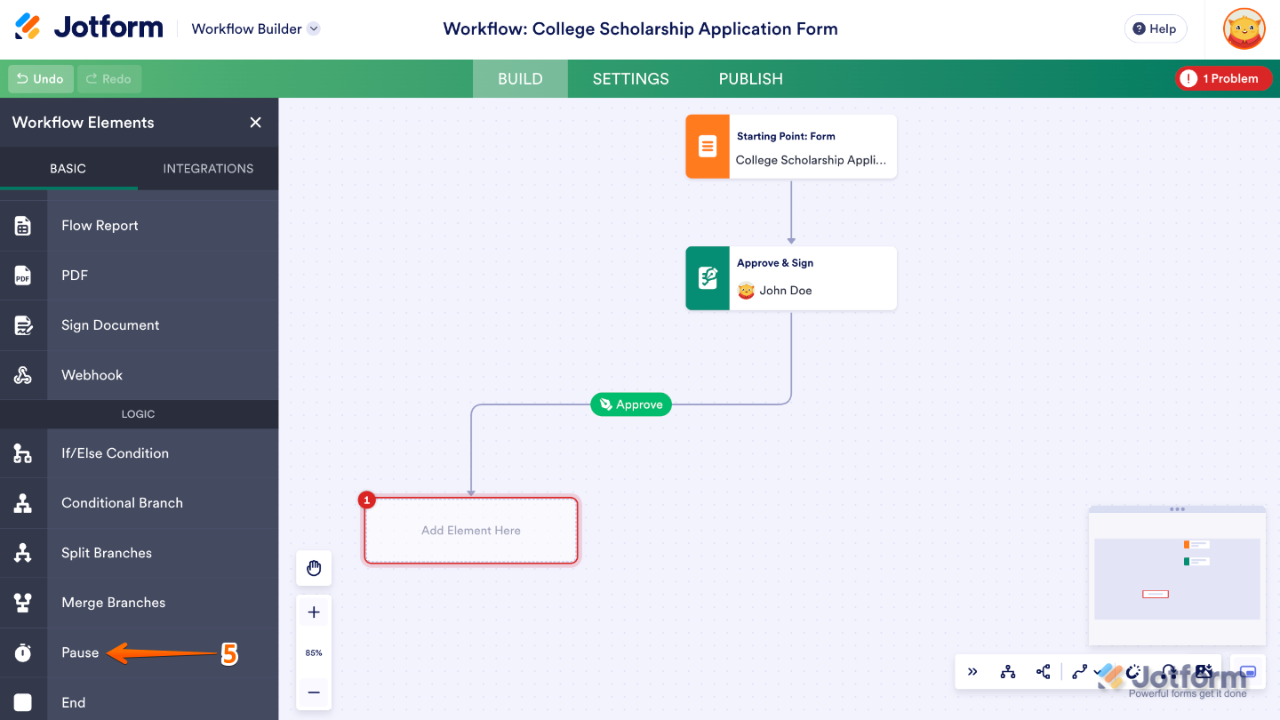 Workflow Builder showing the Basic tab with the Pause element selected to add to a workflow