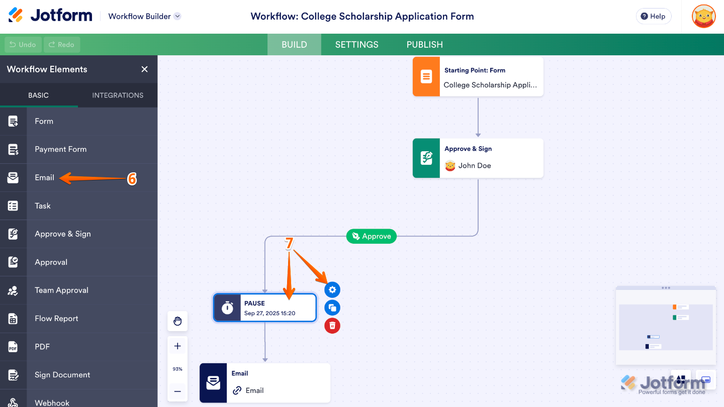 Workflow Builder showing a Pause element and an Email element added, with the Gear icon selected on the Pause field