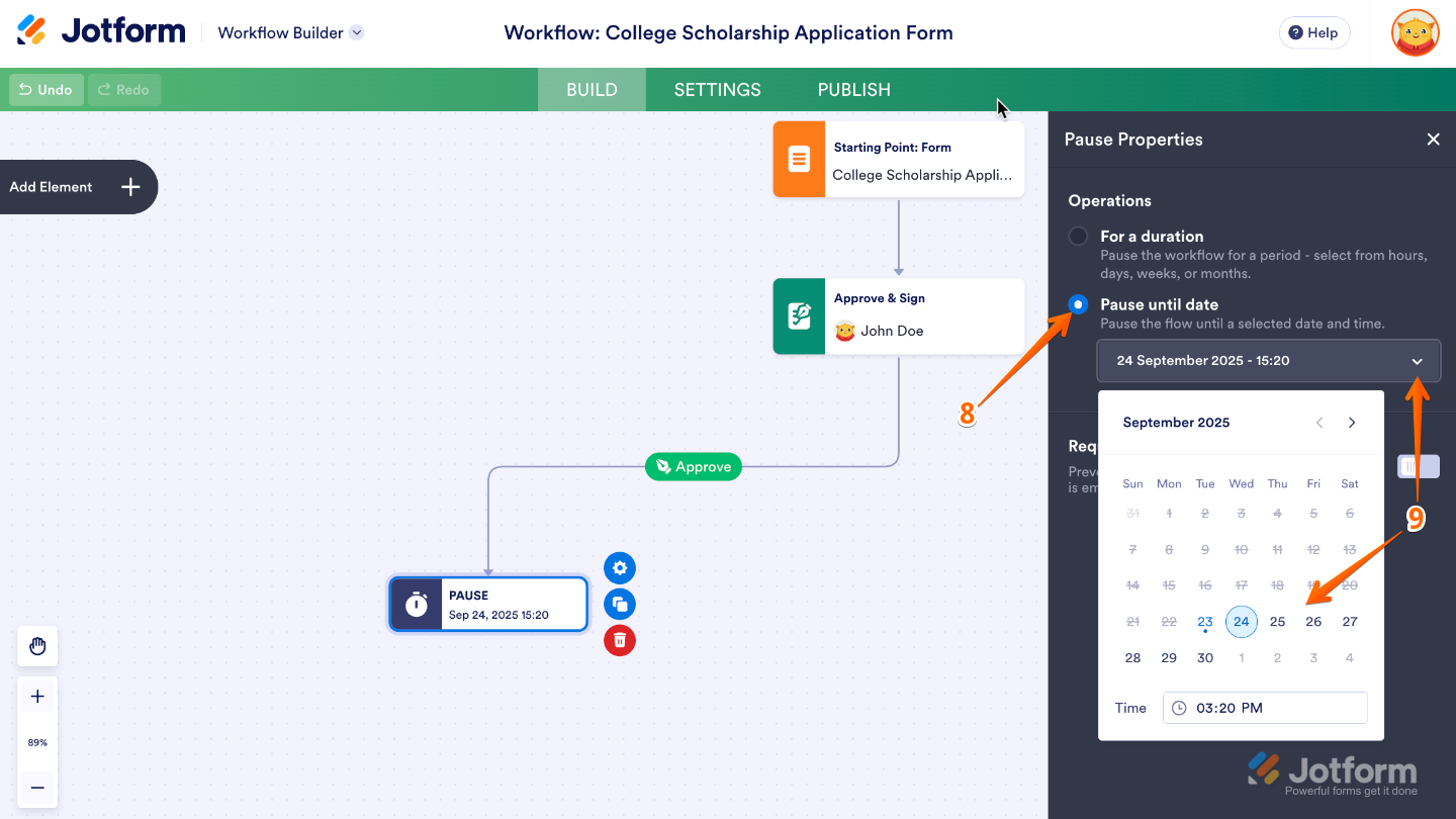 Workflow Pause Properties with Operations set to Pause Until Date, using the downward arrow icon to select a specific date from the calendar