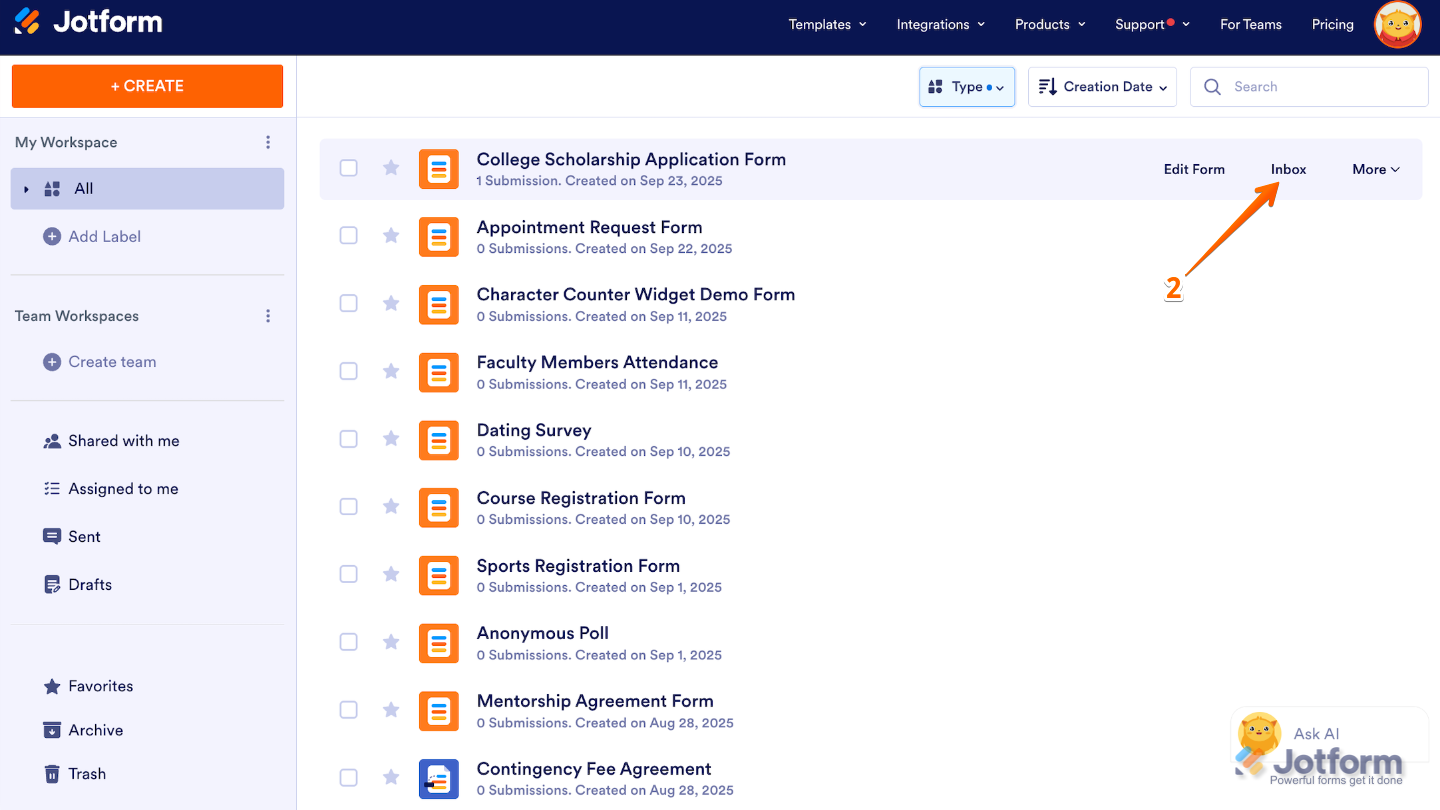 Workspace showing a form tile with the Inbox button highlighted after hovering over the College Scholarship Application Form