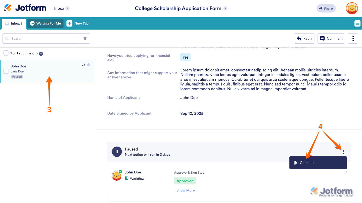 Inbox showing a selected submission with the Paused section expanded and the Continue option selected from the three dots menu