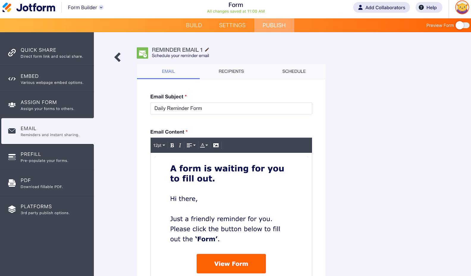 Viewing the Reminder Email page under the Email tab on Jotform Form Builder