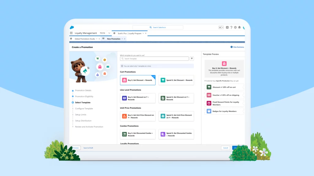 Salesforce Commerce Cloud dashboard displaying AI-supported merchandising tools, including promotion management, product recommendations, and insights to optimize conversion and average order value