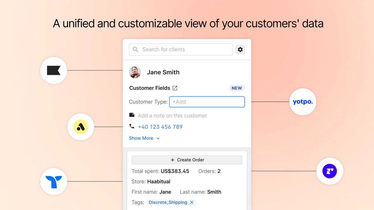 Gorgias customer support interface displaying customer data alongside support tickets, with integrations for e-commerce platforms and order-related details