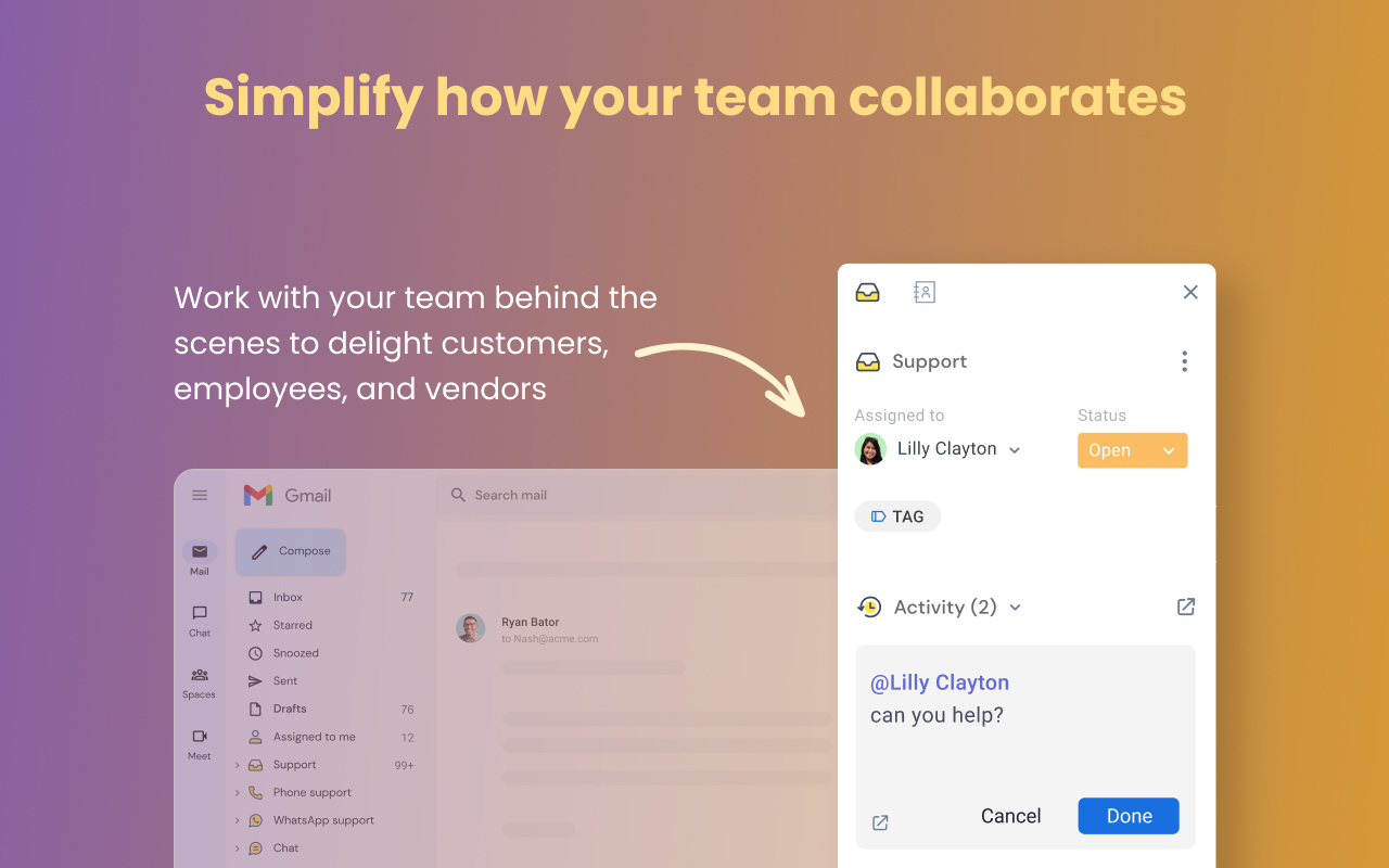 Hiver interface integrated with Gmail, displaying a shared inbox where support emails are assigned, tracked, and managed collaboratively by team members