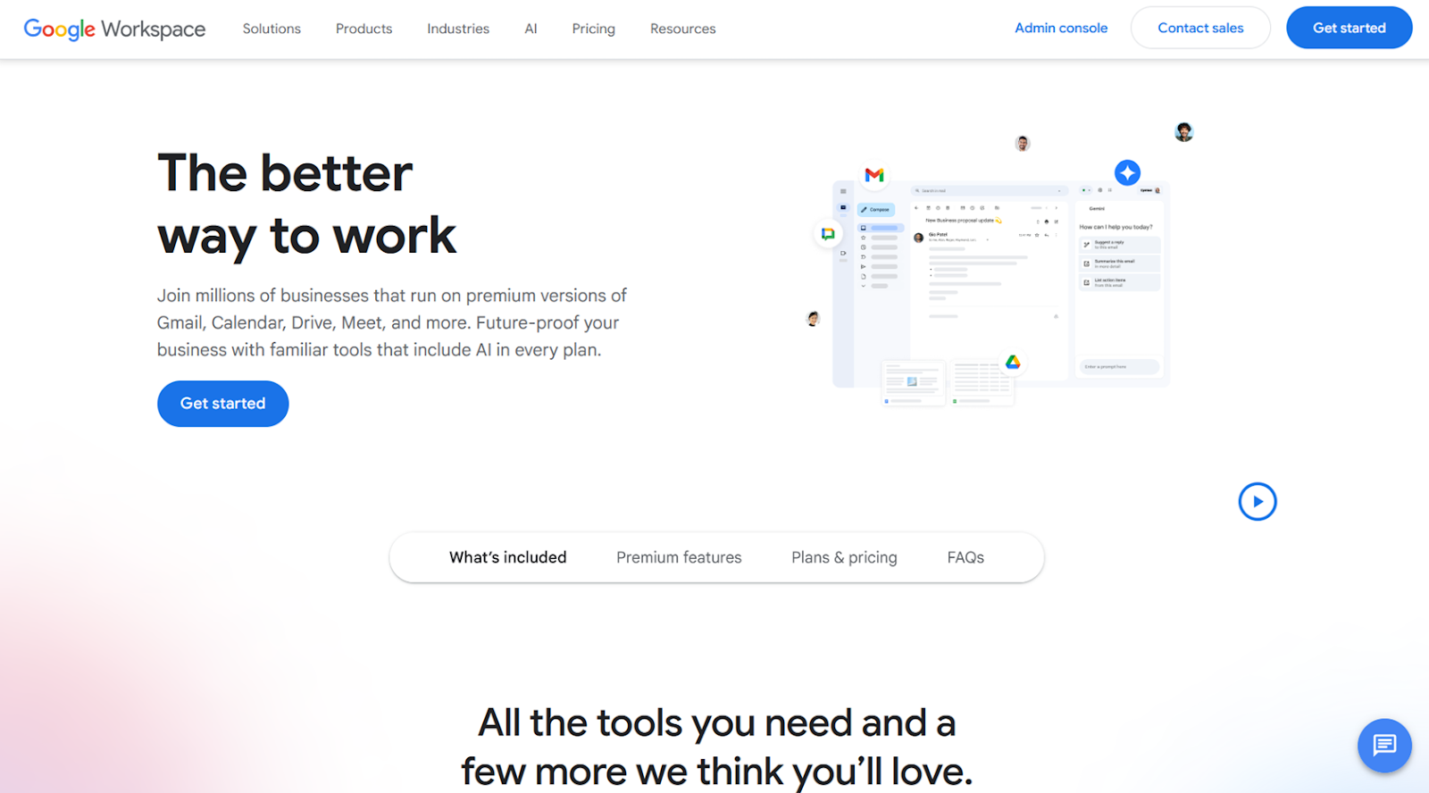 Screenshot of the Google Workspace homepage with hypertext links to features, pricing, FAQs, and more
