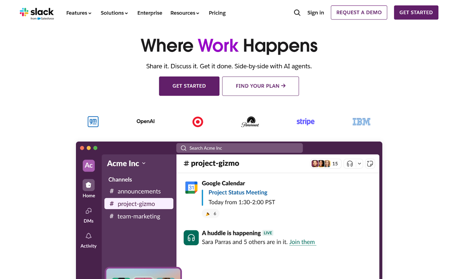 Screenshot of the Slack homepage, featuring a sample image of the user interface as well as clickable buttons for "Get Started" and "Find Your Plan