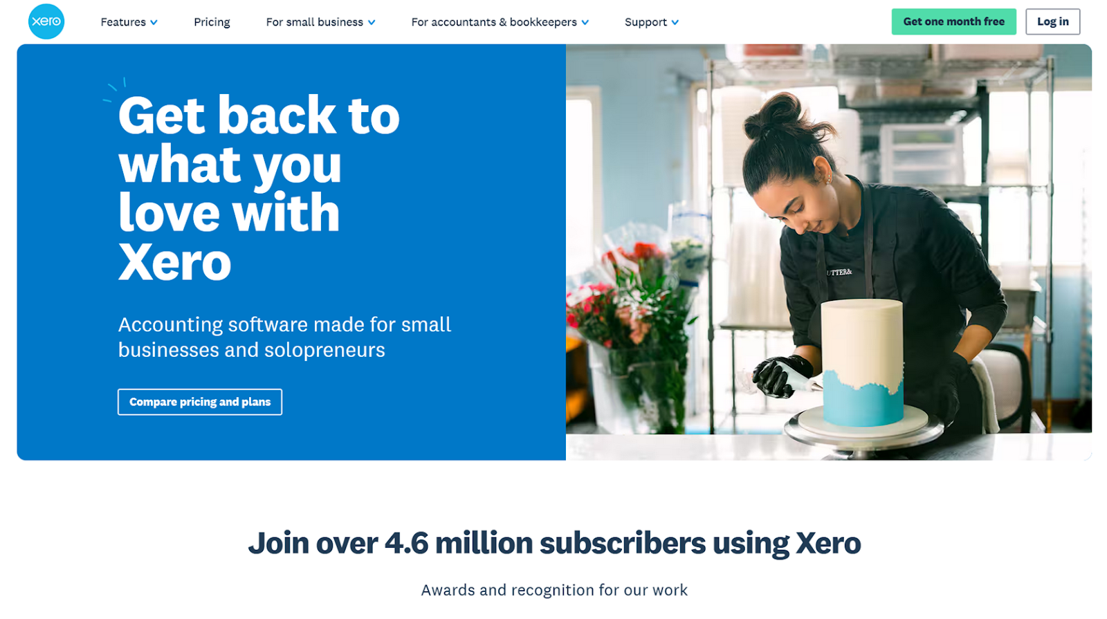 Screenshot of the Xero homepage, featuring an image of a startup founder at work and a link to pricing and plan comparisons
