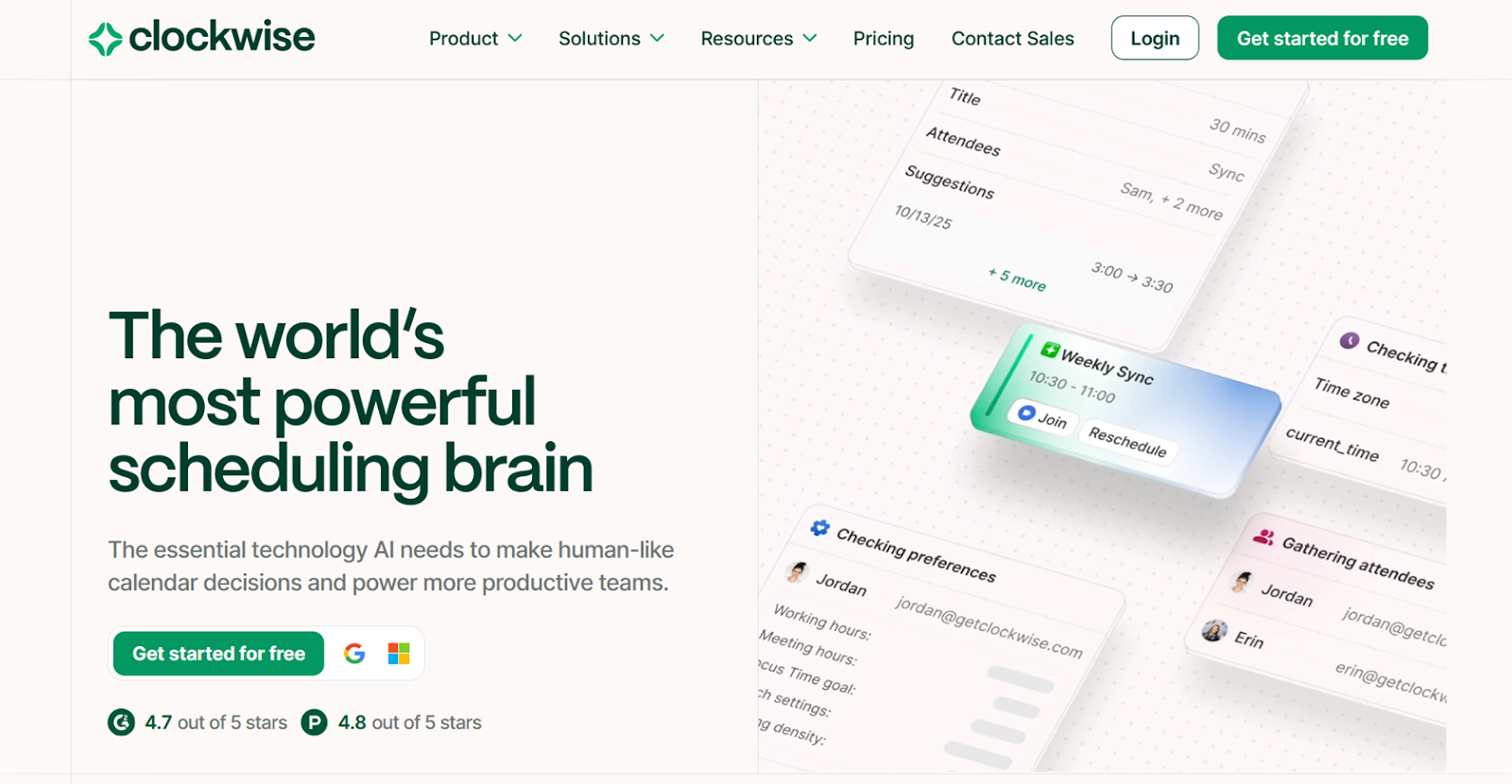 Screenshot of the Clockwise homepage, featuring a link to get started for free