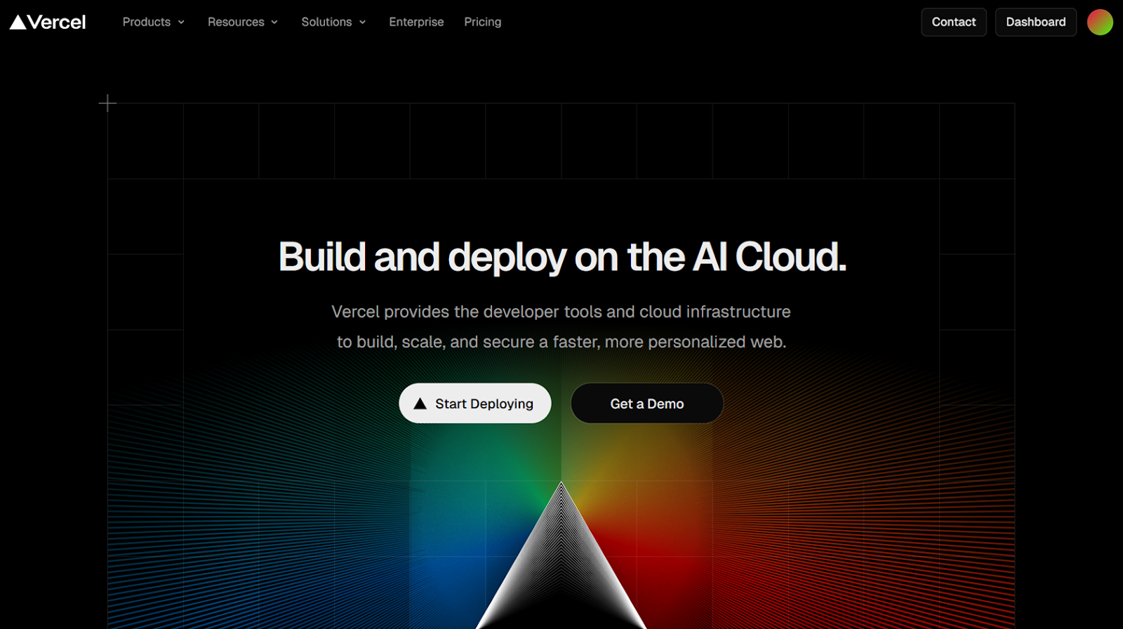 Screenshot of the Vercel homepage, featuring a simple statement about the platform's capabilities and clickable buttons for "Start Deploying" and "Get a Demo