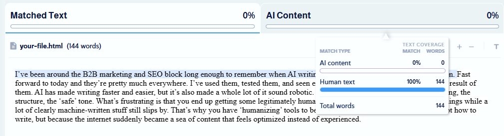 AI analysis interface displaying a short rewritten text classified as 100% human-written