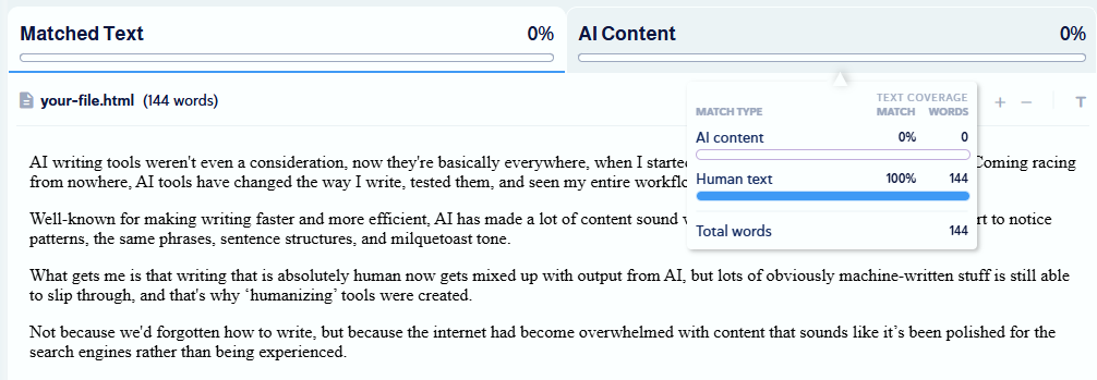 AI detection screen with highlighted text and results showing no matched text and no AI-generated content detected