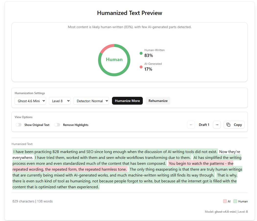 Humanized text preview dashboard showing a circular chart with human-written and AI-generated percentages and text highlighted in green