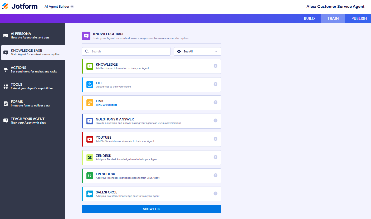 Jotform AI Agent Builder dashboard showing a list of connected tools and integrations, including knowledge base, email, and third-party services